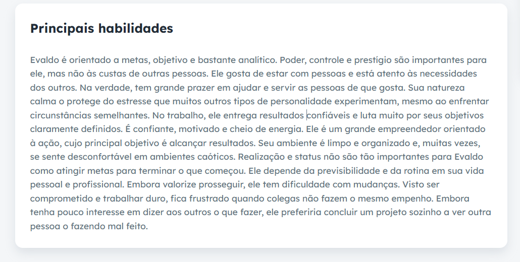 Principais habilidades e pontos de atenção descritos no relatório.